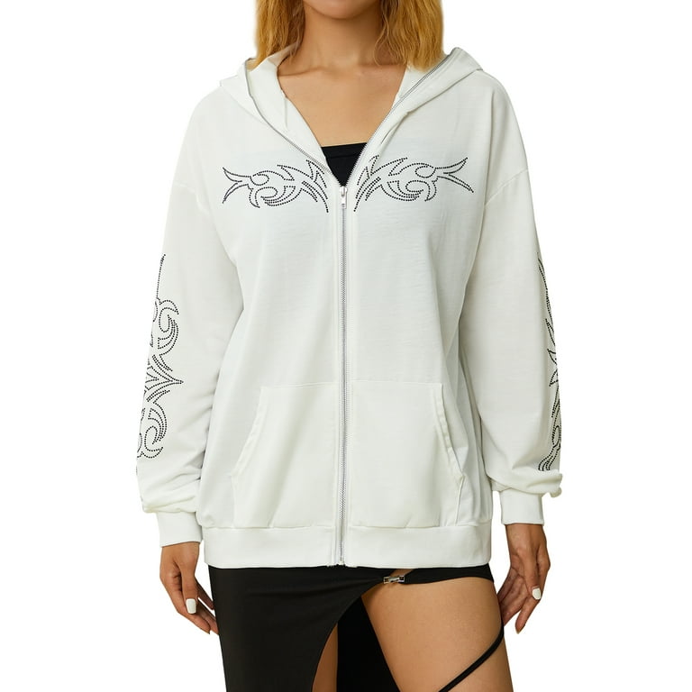 One opening Women 's Oversized Zip Up Sweatshirt Cross Rhinestone Jackets Long Sleeve Letter Printed Hoodies Streetwear