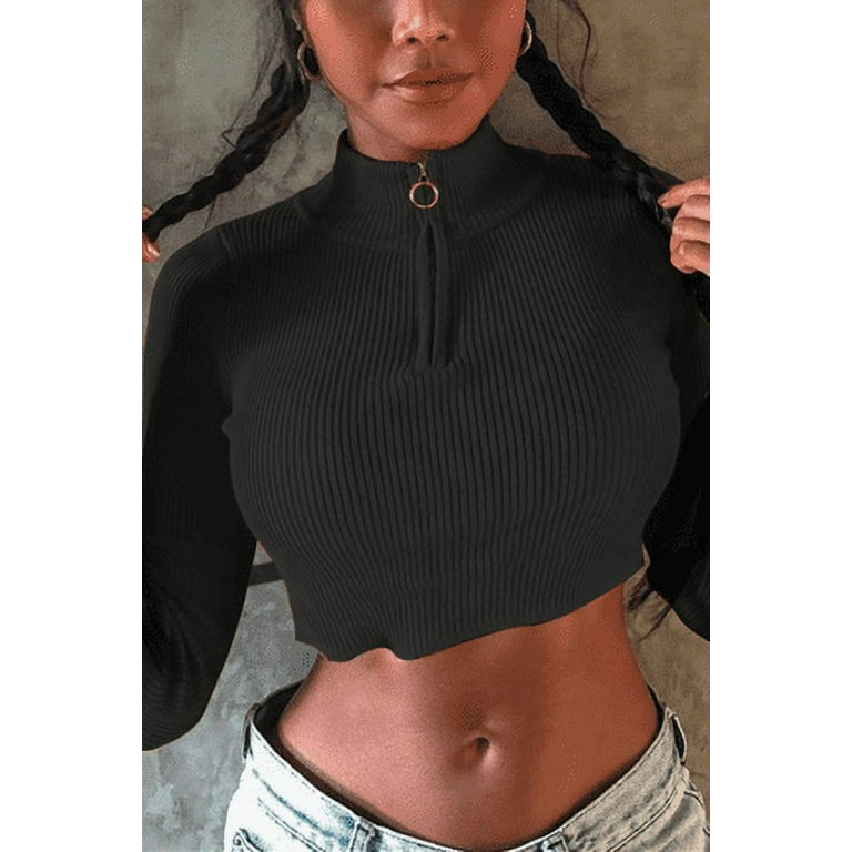 One opening Women's Rib Knit Crop Top Long Sleeve Stand Collar