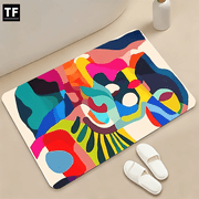 One-pack of colorful abstract geometric pattern diatomaceous earth bathroom mats. Highly absorbent, suitable for bathroom areas, bathtub mats, bathroom door mats, and home d cor. Machine washable.