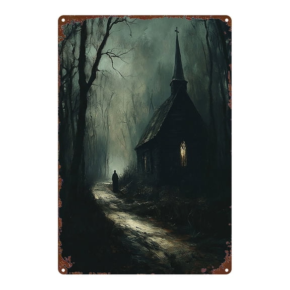 One painting of a chapel in a dark forest, suitable for vintage wall decoration in homes, bars, garages, clubs, restaurants, and cafes. Flat-printed square sign - 8x12 inches (20x30 cm).
