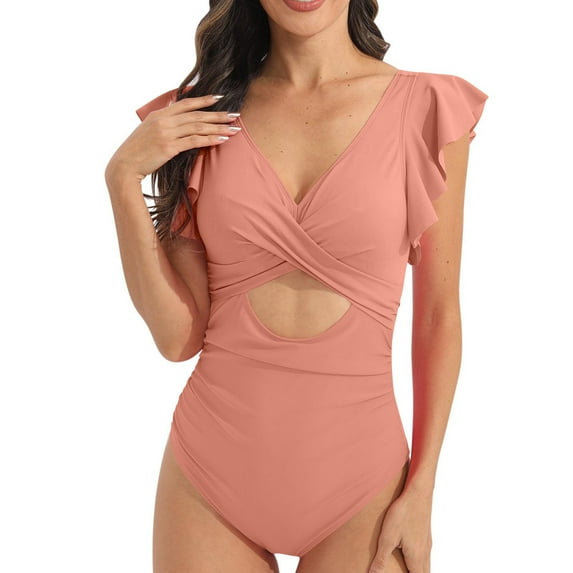 One-piece Bikini Sets for Women Cutout Padded Short Ruffle Sleeve Deep V-neck Tummy High Waisted Thong Beachwear Swimwear Summer