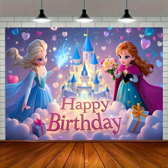 One piece of Elsa Princess and Anna Princess balloon castle backdrop fabric, suitable for indoor and outdoor use, for New Year, Valentine's Day, Ramadan, Easter
