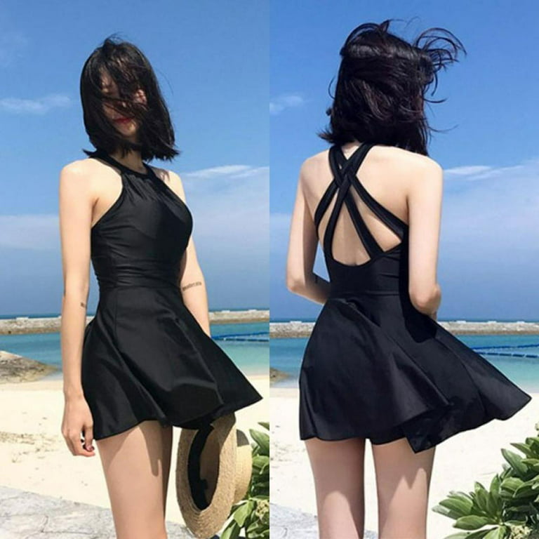 One-piece Swimsuit Skirt Type Anti-glare Back Cross Straps Large Size M-3XL  Backless Skirt Cover Belly Swimsuit 