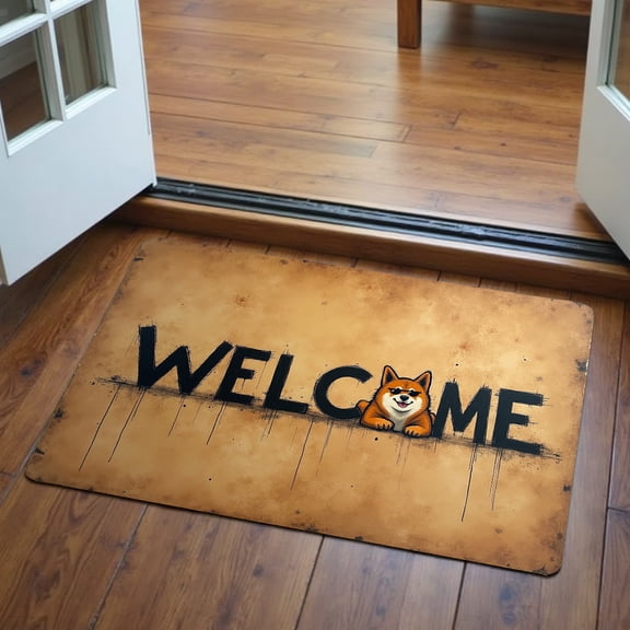 One piece featuring the word "Welcome" and a cartoon corgi design. Machine washable, made of polyester, suitable for outdoor porches, kitchens, living rooms, bathrooms, or office decor.