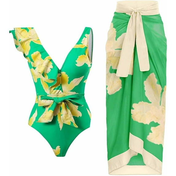 One piece swimsuit with wrap sarong skirt retro floral print bikini set sexy 2 piece bathing suit Beach cover
