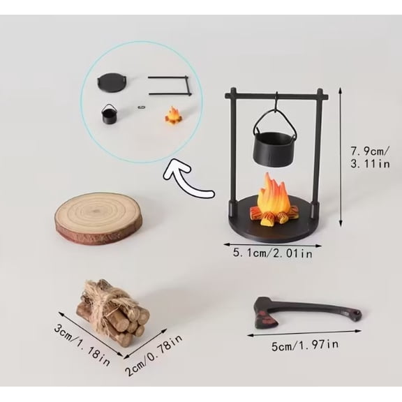 One random set of miniature campfire and teapot, modern fantasy-themed miniature statue decorations for home and kitchen DIY craft accessories tabletops.