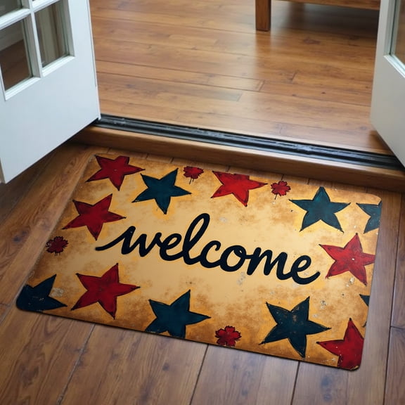 One rectangular flannel rug with a "Welcome" logo and star pattern. Machine washable, made of polyester, suitable for outdoor porch, kitchen, living room, bathroom, or office decor.