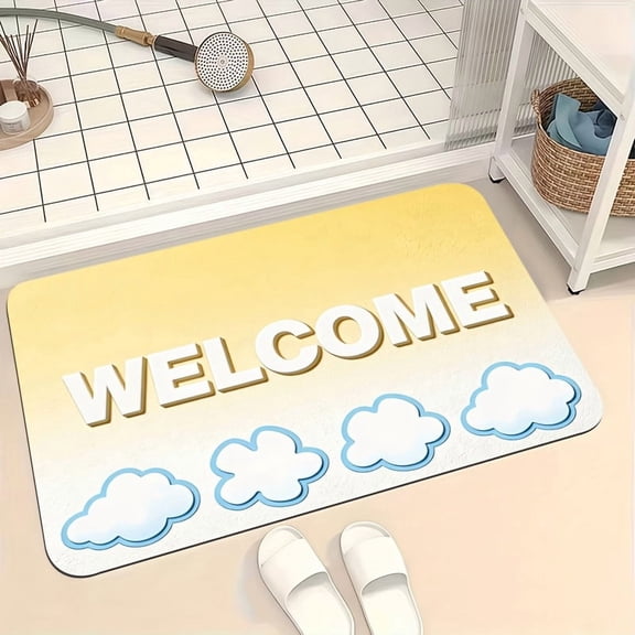 One soft, absorbent diatomaceous earth floor mat with a white, 3D "WELCOME" lettering and cloud pattern. Machine washable and suitable for kitchens, hallways, bedrooms, bathrooms, and living rooms.