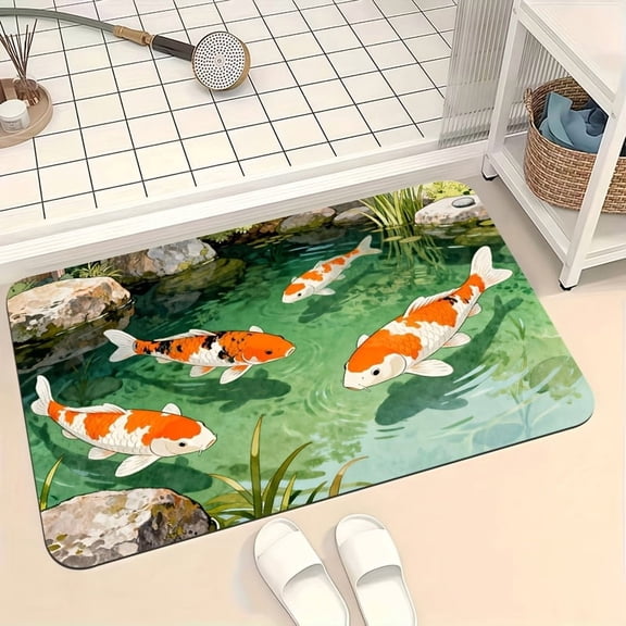 One soft, absorbent diatomaceous earth mat with a four-koi fish design. Machine washable. Suitable for kitchens, hallways, bedrooms, bathrooms, living rooms, and other areas.
