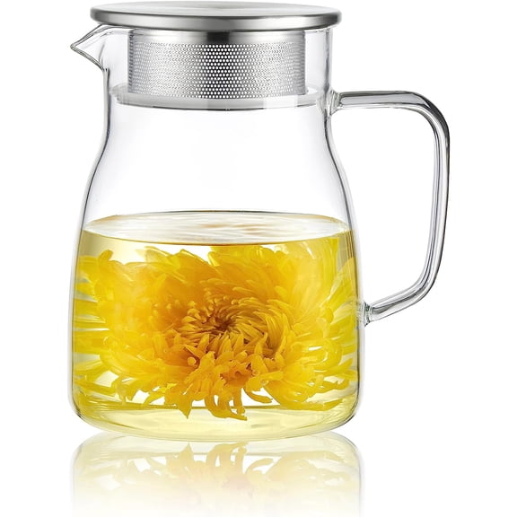 One-touch glass teapot, 27 oz (800 ml) glass teapot with stainless steel filter lid, stove-safe loose leaf teapot