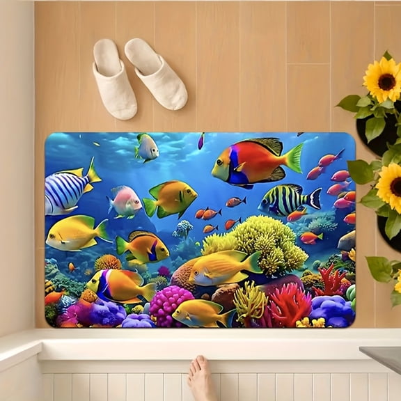 One tropical fish and coral reef print doormat, soft and comfortable, machine washable, made of lightweight polyester, suitable for outdoor porch, kitchen, living room, bathroom or office decoration.