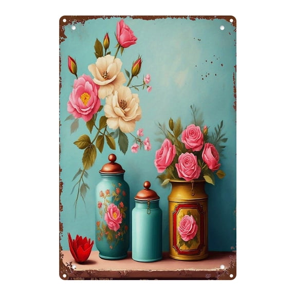 One vintage floral tin wall hanging with an distressed finish, suitable for home, restaurant, cafe, bar, or garage decoration. Ideal for room décor - 8x12 inches (20x30 cm).