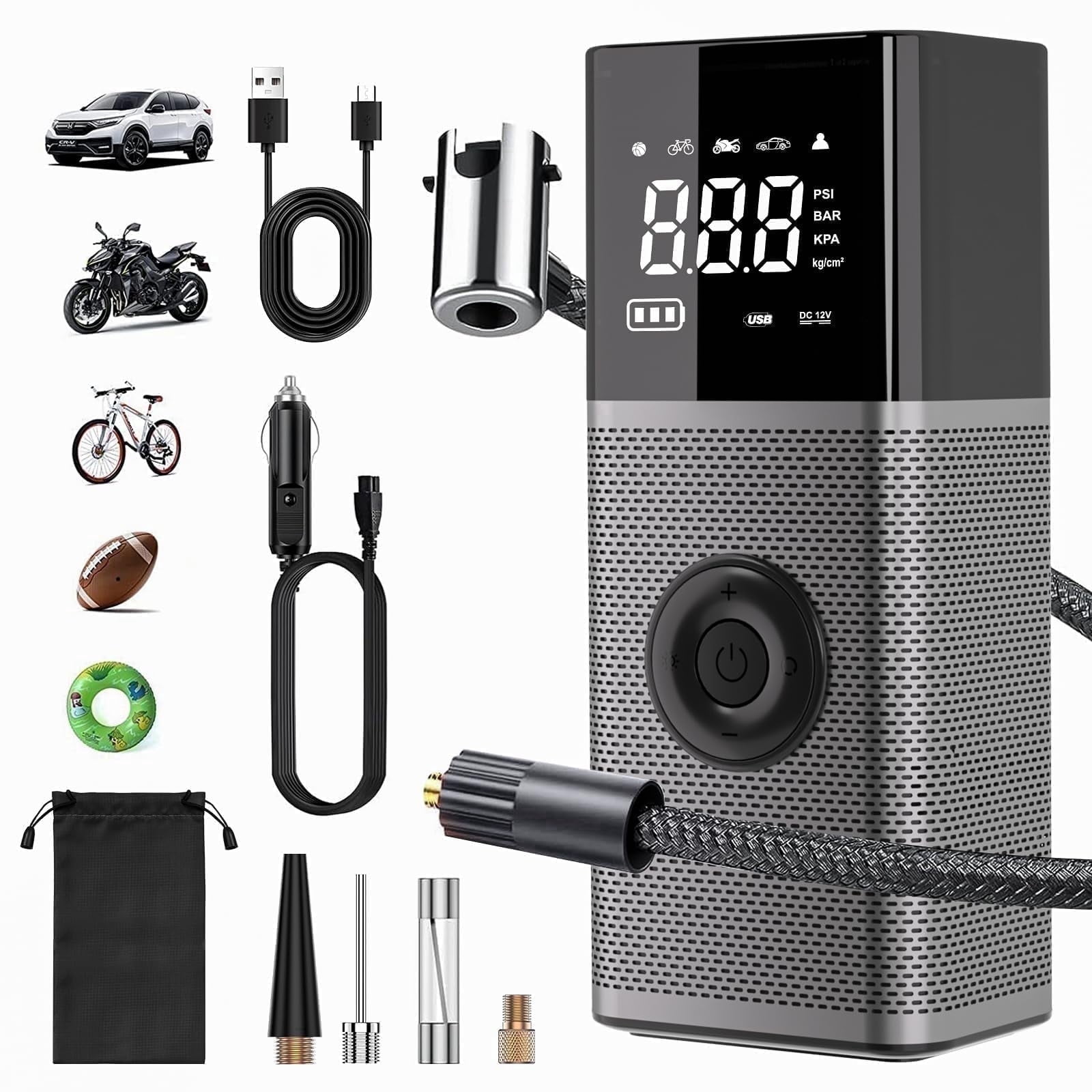 OneAmg Cordless portable tire inflator, 4x speed 150 PSI portable air compressor, featuring a 7800mAh battery, LED display, automatic shut-off, pressure gauge, and LED light, suitable for cars, bicyc