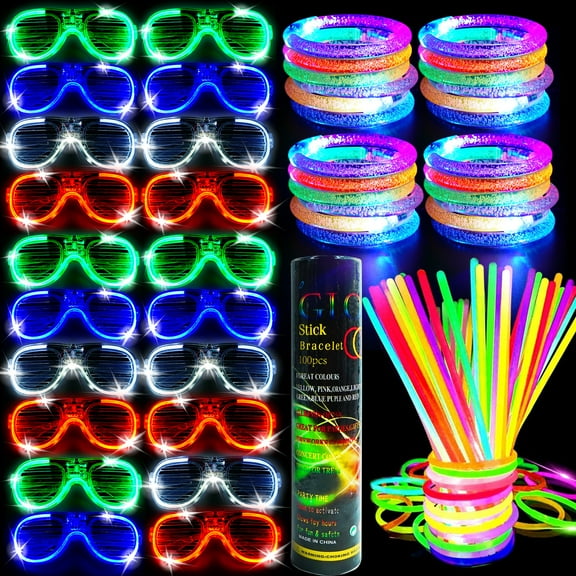 OneAndes 144 Pcs Glow Party Supplies, 100 Pcs Foam Glow Sticks, 20 Pcs LED Glasses and 24 Pcs Glow Sticks Bracelets, Neon Party Favors for Glow Party, Wedding, Concert, Raves and Birthday
