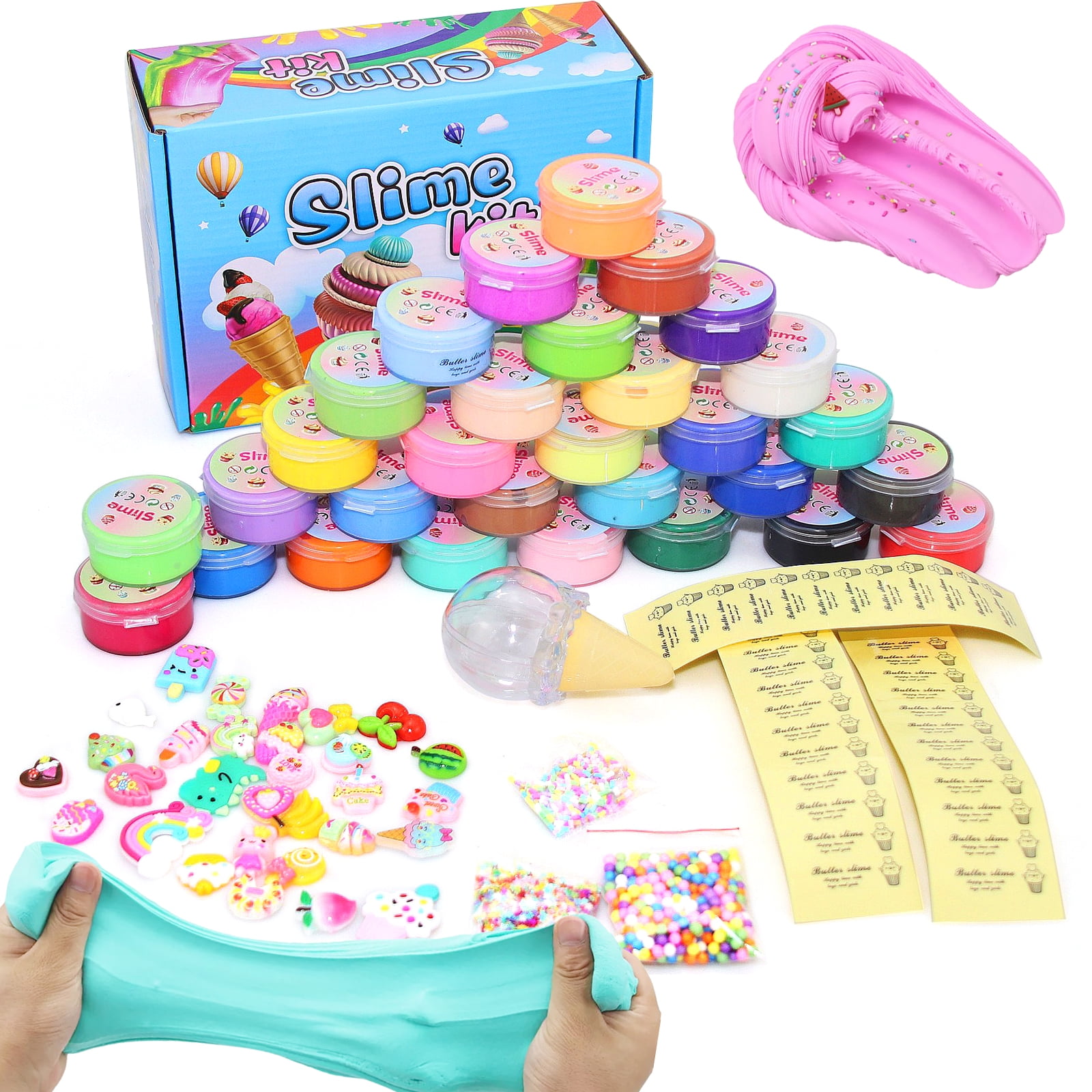 OneAndes 30Pack Butter Slime Kit with Cake Charms, 30ML DIY Educational Slime Toys, Super Soft & Non-Sticky Stress Relief Toy for Girls and Boys Party Favors and Birthday Gift Easter Basket Stuffers