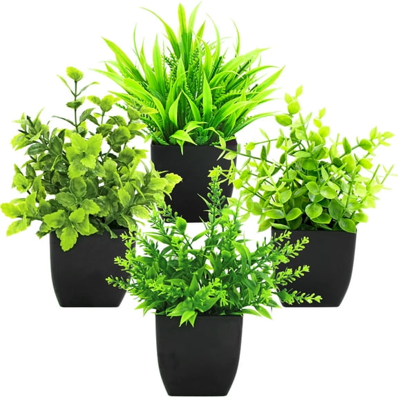 OneAndes 4 Packs Fake Plants Mini Artificial Greenery Potted Plants for Home Decor Indoor Office Table Room Farmhouse Bathroom Kitchen Decor Black Pot