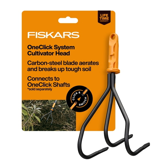 Fiskars OneClick Cultivator, Durable Steel Tines for Loosening Dirt & Weeds, Interchangeable Yard/Garden Tool System
