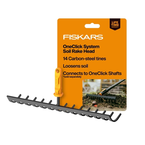 Fiskars OneClick Soil Rake Head, 14 Steel Tines for Moving Dirt & Debris, Interchangeable Yard/Garden Tool System