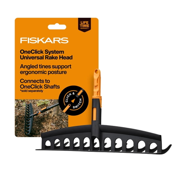 Fiskars OneClick Universal Rake Head, Clear Leaves & Debris, Interchangeable Yard/Garden Tool System