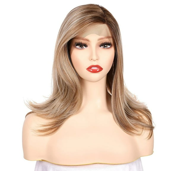 OneDor 18 Inch Premium Japanese High-Temperature Fiber Synthetic Hair 130% Density Straight Lace Front Side Part Long Wigs (Dark Natural Blonde Blended & Pale Golden Blonde with Dark Roots)