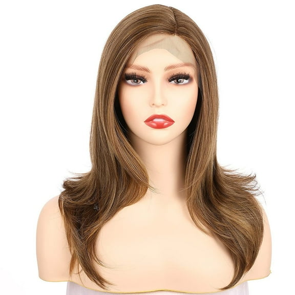 OneDor 18 Inch Premium Japanese High-Temperature Fiber Synthetic Hair 130% Density Straight Lace Front Side Part Long Wigs (Light Brown Evenly Blended with Dark Natural Blonde)