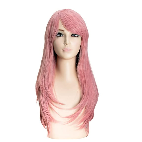 OneDor 20 Inch Full Head Straight Premium Japanese High-Temperature Fiber Hair Wig with Oblique Hair Bang Extensions (PINK) …