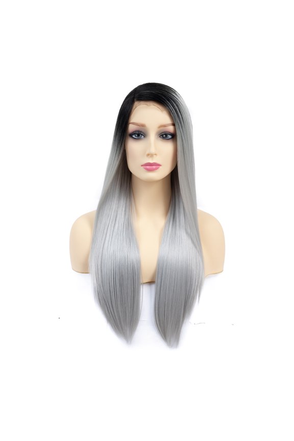 24" Straight Premium Japanese High-Temperature Fiber Synthetic Hair 130% Density Lace Front Side Part Long Wig 2 Tone Dark Root With Heat Resistant Fiber for Women (Dark Root/Silver Grey)