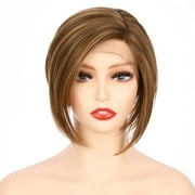 OneDor 8 Inch Angled Layers Lace Front Wig Relaxed Straight Bob Wig Light Brown Evenly Blended with Dark Natural Blonde-RL12/16