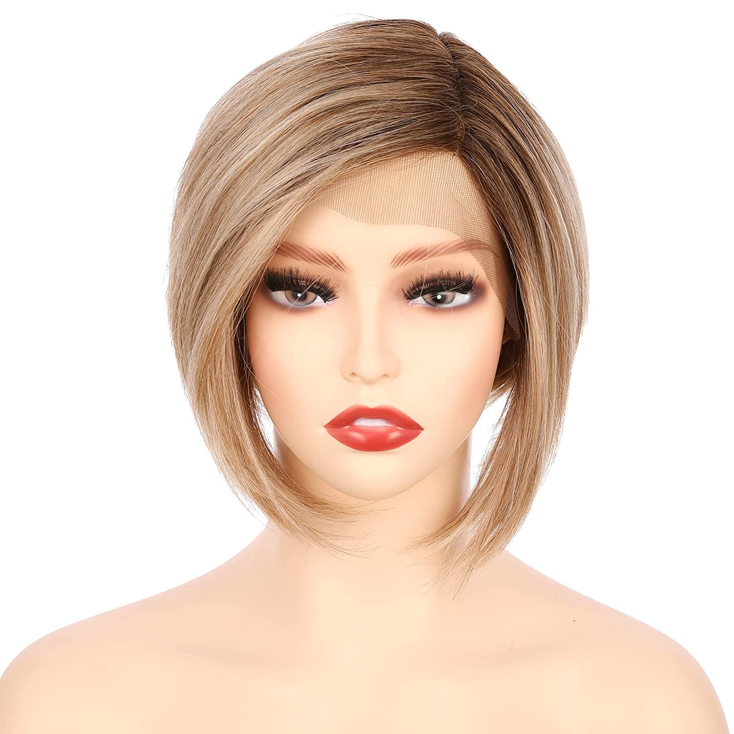 OneDor 8 Inch Angled Layers Lace Front Wig Relaxed Straight Bob wig (Dark Natural Blonde Blended & Pale Golden Blonde with Dark Roots-OT8/386/624) …