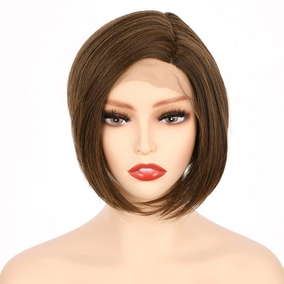 OneDor 8 Inch Angled Layers Lace Front Wig Relaxed Straight Bob wig (Medium Brown Evenly Blended with Warm Medium Brown-RL6/8) …