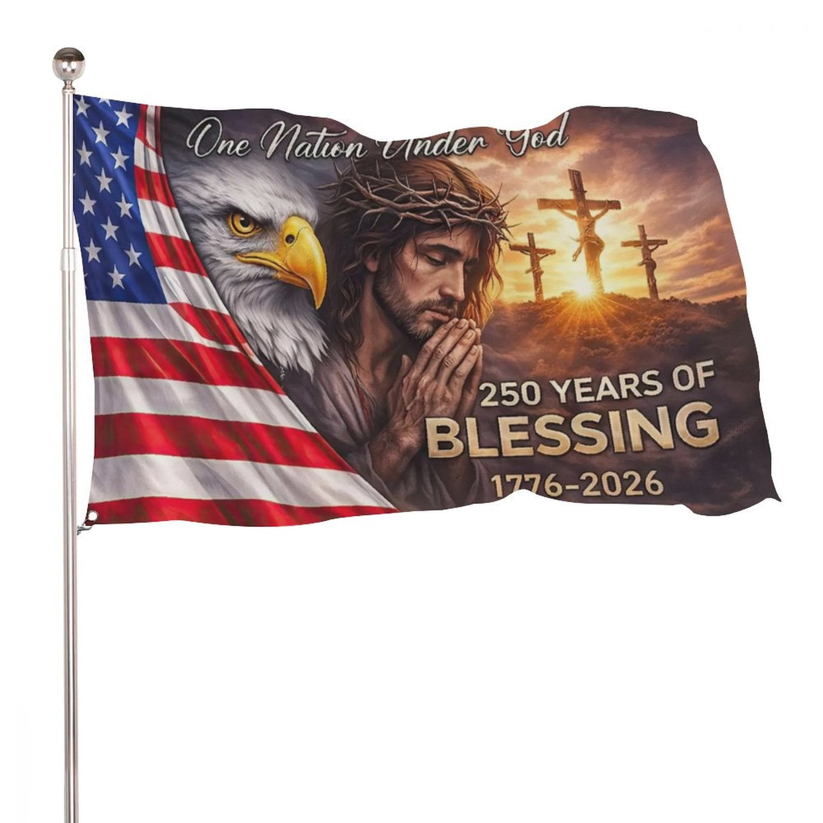 OneNation Under God United States of America 250 Years Flag 4x6 ft Double-Sided Flag 1776–2026, Christian-Cross Patriotic House Flag, 4th of July Banne