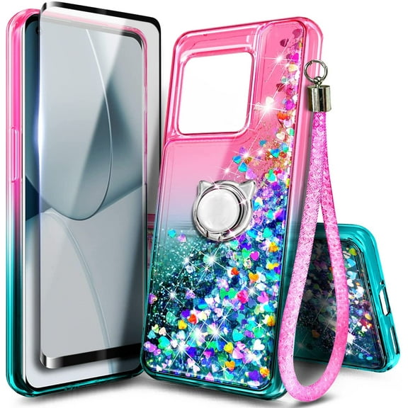 OnePlus 10 Pro 5G Phone Case with Tempered Glass Screen Protector (Full Coverage), Nagebee Sparkle Glitter Floating Liquid Bling [Ring Holder & Wrist Strap] Women Girls Cute Case (Pink/Aqua)