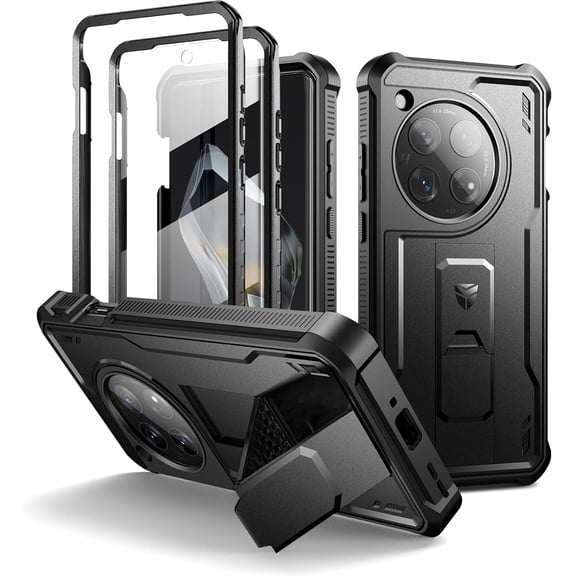 for OnePlus 12 Case, [2 Front Frame] [Bulit-in Screen Protector & Kickstand] [Work with Fingerprint ID] Heavy Duty Military Grade Protection Shockproof Case 5G (2024), Black