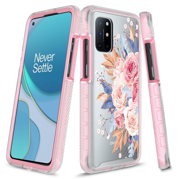 OnePlus 8T 5G Case, Rosebono Graphic Design Shockproof Impact Resistant Protective Full-Body Rugged Clear Hybrid Bumper Case for OnePlus 8T 5G (Pink Flower)