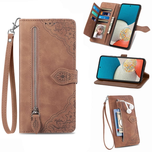 for OnePlus Ace 3 5G / OnePlus 12R Wallet Case for Women Girls with Card Holder - Retro Embossed Flower Zipper Wallet PU Leather Flip Cover with Wrist Strap for OnePlus Ace 3 5G / OnePlus 12R, Brown