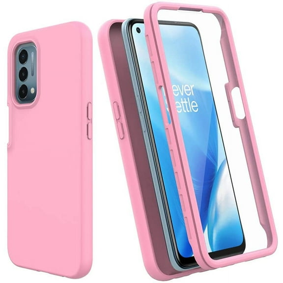 For OnePlus N200 5G Case with Built-in Screen Protector,Rugged PC Front Cover + Soft TPU Non-Slip Cover, Shockproof Full-Body Protective Case Cover - Pink