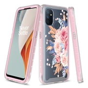 OnePlus Nord N100 Case with Built-in Screen Protector, Rosebono Graphic Design Shockproof Protective Full-Body Rugged Clear Hybrid Case for OnePlus Nord N100 Pink Flower
