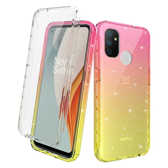 OnePlus Nord N100 Case With Built-in Screen Protector, Rosebono Hybrid Glitter Sparkle Transparent Colorful Gradient TPU Skin Cover 360 Protection Case For OnePlus Nord N100 (Gold/Pink)