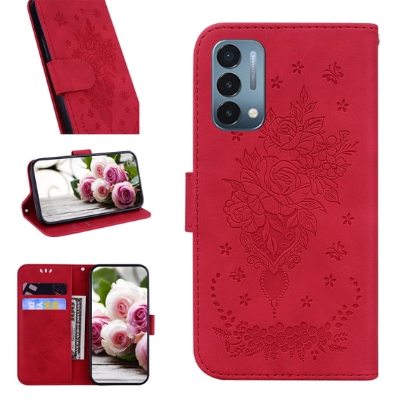 For OnePlus Nord N200 5G Book-Style Folio Wallet Embossed Leather Magnetic Flip Stand Wallet Drop Protection Card Cash Slots Protective Case For OnePlus Nord N200 5G,Red