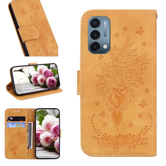 For OnePlus Nord N200 5G Book-Style Folio Wallet Embossed Leather Magnetic Flip Stand Wallet Drop Protection Card Cash Slots Protective Case For OnePlus Nord N200 5G,Yellow