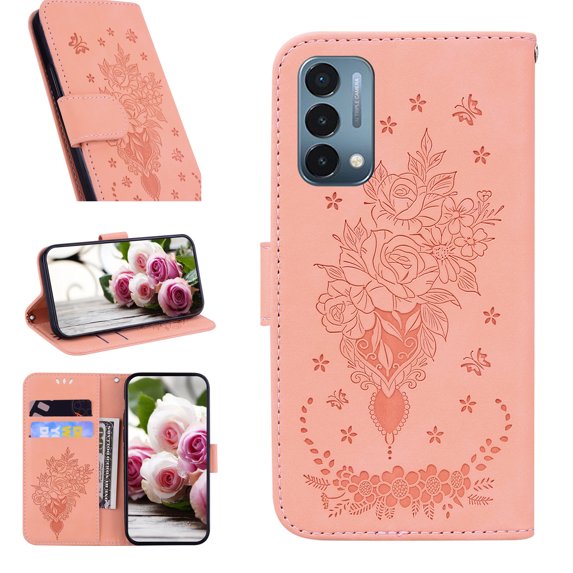 For OnePlus Nord N200 5G Book-Style Folio Wallet Embossed Leather Magnetic Flip Stand Wallet Drop Protection Card Cash Slots Protective Case For OnePlus Nord N200 5G,Pink