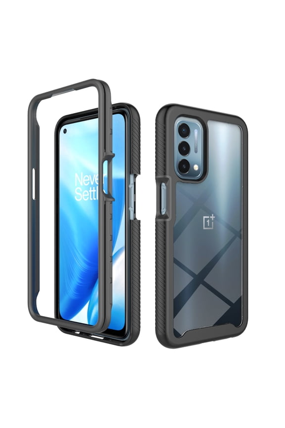 OnePlus Nord N200 5G Case (6.49 Inch 2021 Release), Acrylic Clear Back Cover with [Tempered Glass Screen Protector], Plastic and Silicone Hard Case, Shockproof Protective Rugged Phone Cover (Black)