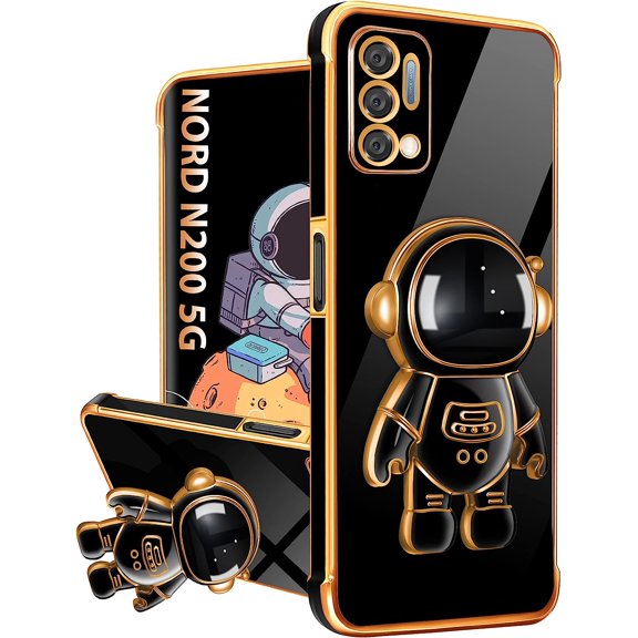 For OnePlus Nord N200 5G Case with Astronaut Stand, Girls Women Nord N200 5G Cases, Cute Girly 6D Outer Space Heart Pattern Phone Cover for OnePlus Nord N200 5G 6.49 Inch Black