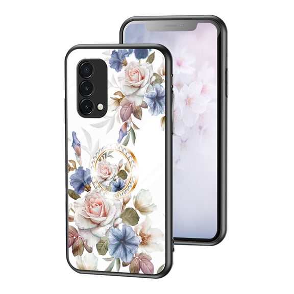 OnePlus Nord N200 5G Case, Floral Slim Flexible TPU for Girls Women Bumper Shock Absorption Rubber Case with Ring Holder Stand Soft Silicone Cover for OnePlus Nord N200 5G 6.49" 2021,White Floral