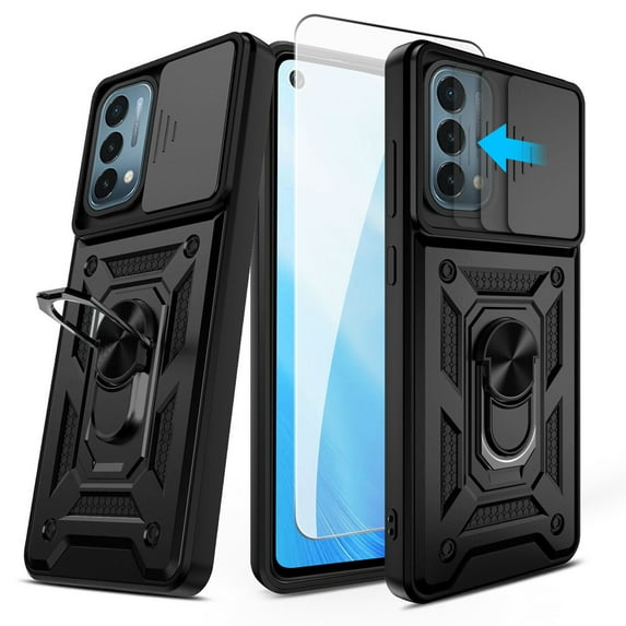 OnePlus Nord N200 5G Case with Tempered Glass Screen Protector, Dteck Rugged Shockproof Case with Camera Lens Slide Protection, Built-in Kickstand, Magnetic Hard Back Cover, Black