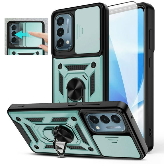 OnePlus Nord N200 5G Case with Tempered Glass Screen Protector, Dteck Rugged Shockproof Case with Camera Lens Slide Protection, Built-in Kickstand, Magnetic Hard Back Cover,Green