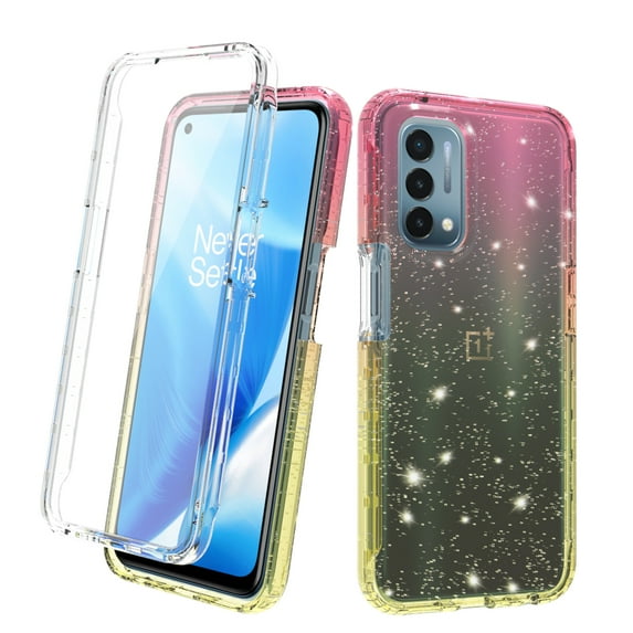 OnePlus Nord N200 5G Case With Built-in Screen Protector, Rosebono Hybrid Glitter Sparkle Transparent Colorful Gradient TPU Skin Cover Case For OnePlus Nord N200 5G (Gold/Pink)