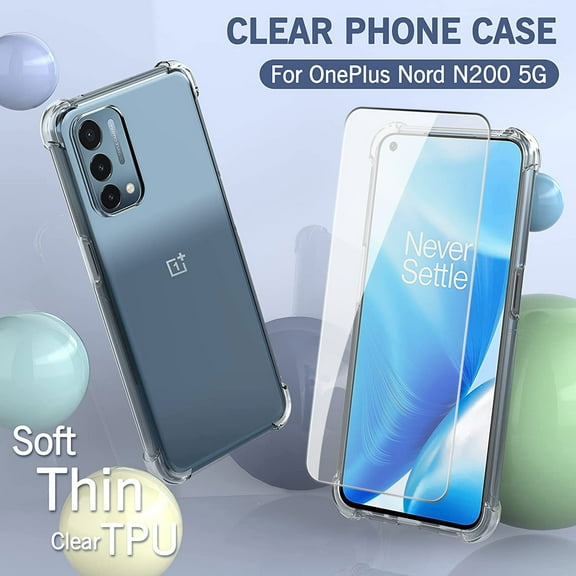 OnePlus Nord N200 5G Clear Case with Tempered Glass Screen Protector, Dteck Slim Fit Crystal Transparent Case Soft TPU Back Cover for OnePlus Nord N200 5G 2021