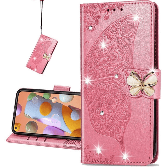 OnePlus Nord N200 5G Flip Case, Mantto Bling Diamond Butterfly Embossed Flowers PU Leather Magnetic Flip Cover Stand Card Holders Hand Strap Wallet Purse Case for OnePlus Nord N200 5G, Pink