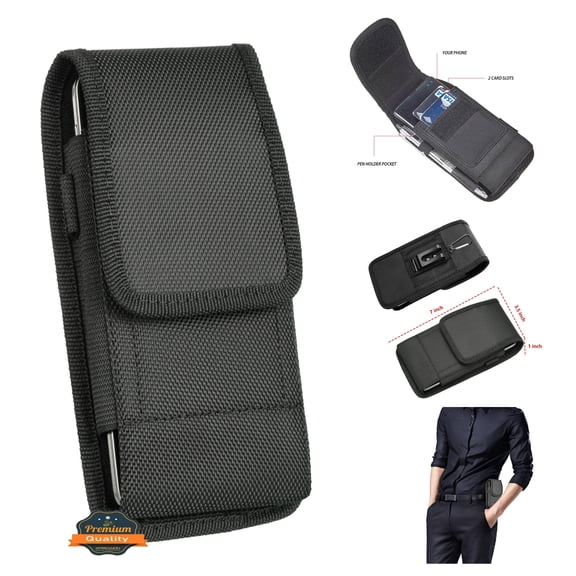 For OnePlus Nord N30 5G / OnePlus 11 / OnePlus 10T 5G Universal Vertical Nylon Pouch Cell Phone Case Holster with 2 Credit Card Slot, Belt Clip Loop, Secure closure Cover - Black